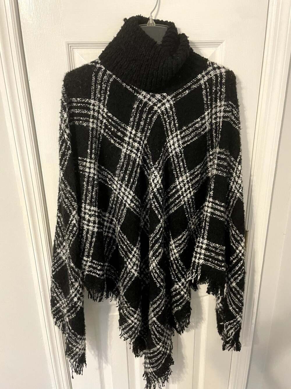 Black and Grey Plaid Turtleneck Fringed Sweater Poncho Unbranded